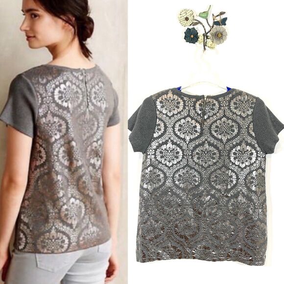 Anthropologie Moth Drawing Room Top Metallic Pullover Short Sleeve Sweater Med - Picture 2 of 10